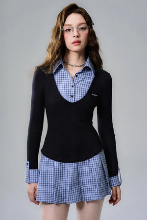 Navy Plaid Pleated Shirt Dress