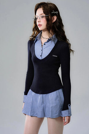 Navy Plaid Pleated Shirt Dress