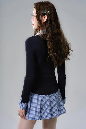 Navy Plaid Pleated Shirt Dress