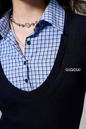 Navy Plaid Pleated Shirt Dress