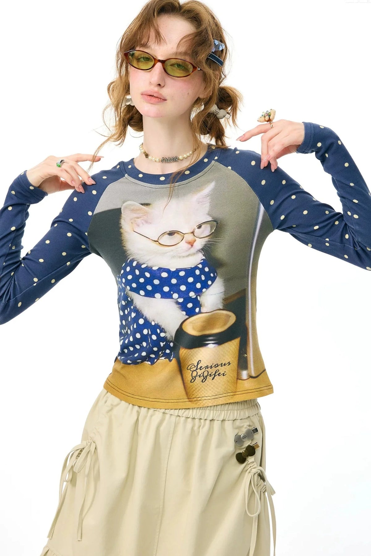 Navy Polka Dot Raglan Cat Print Long Sleeve Top