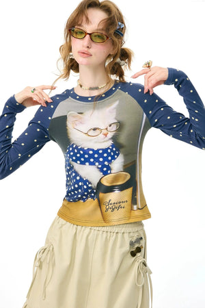 Navy Polka Dot Raglan Cat Print Long Sleeve Top
