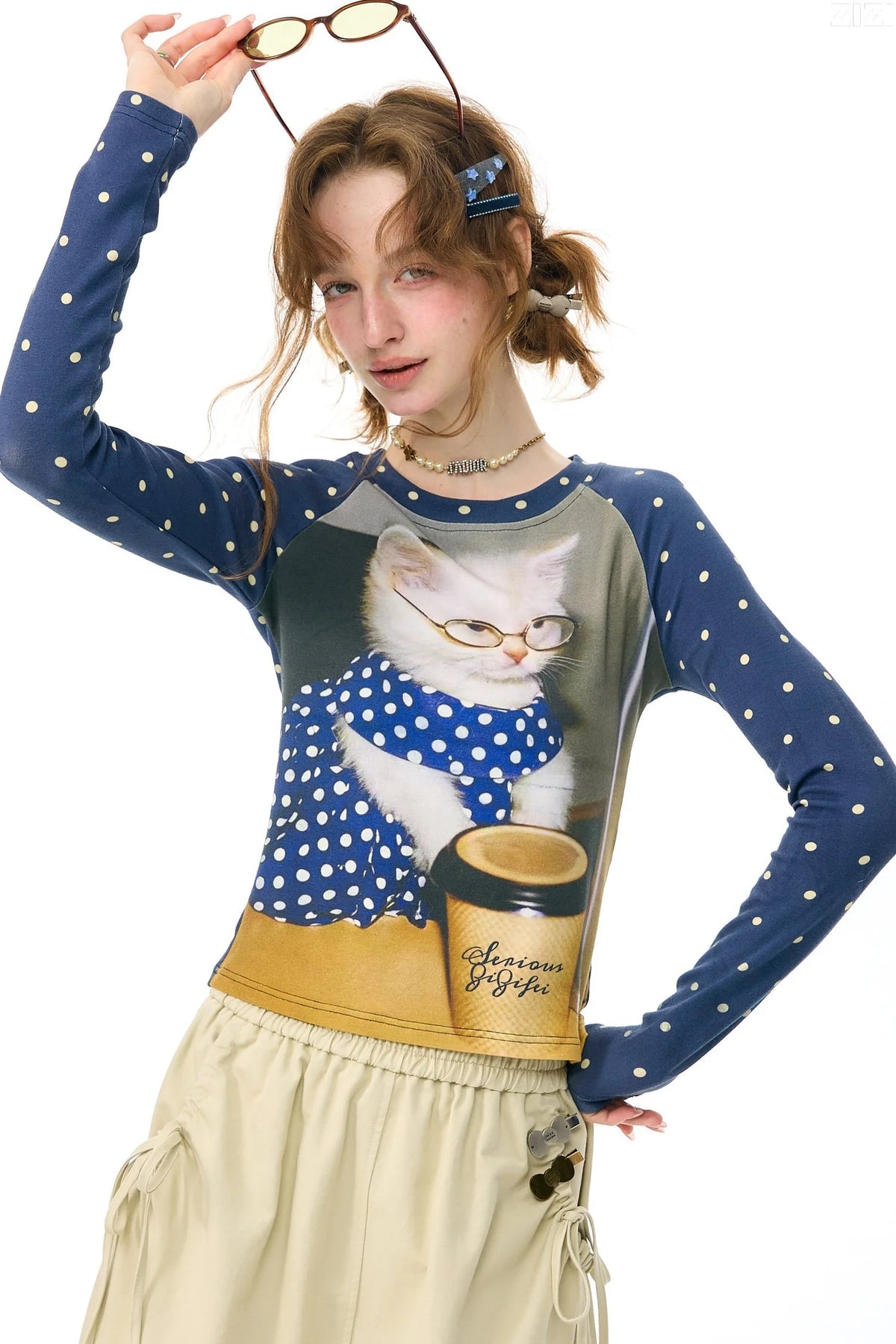 Navy Polka Dot Raglan Cat Print Long Sleeve Top