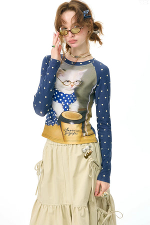 Navy Polka Dot Raglan Cat Print Long Sleeve Top