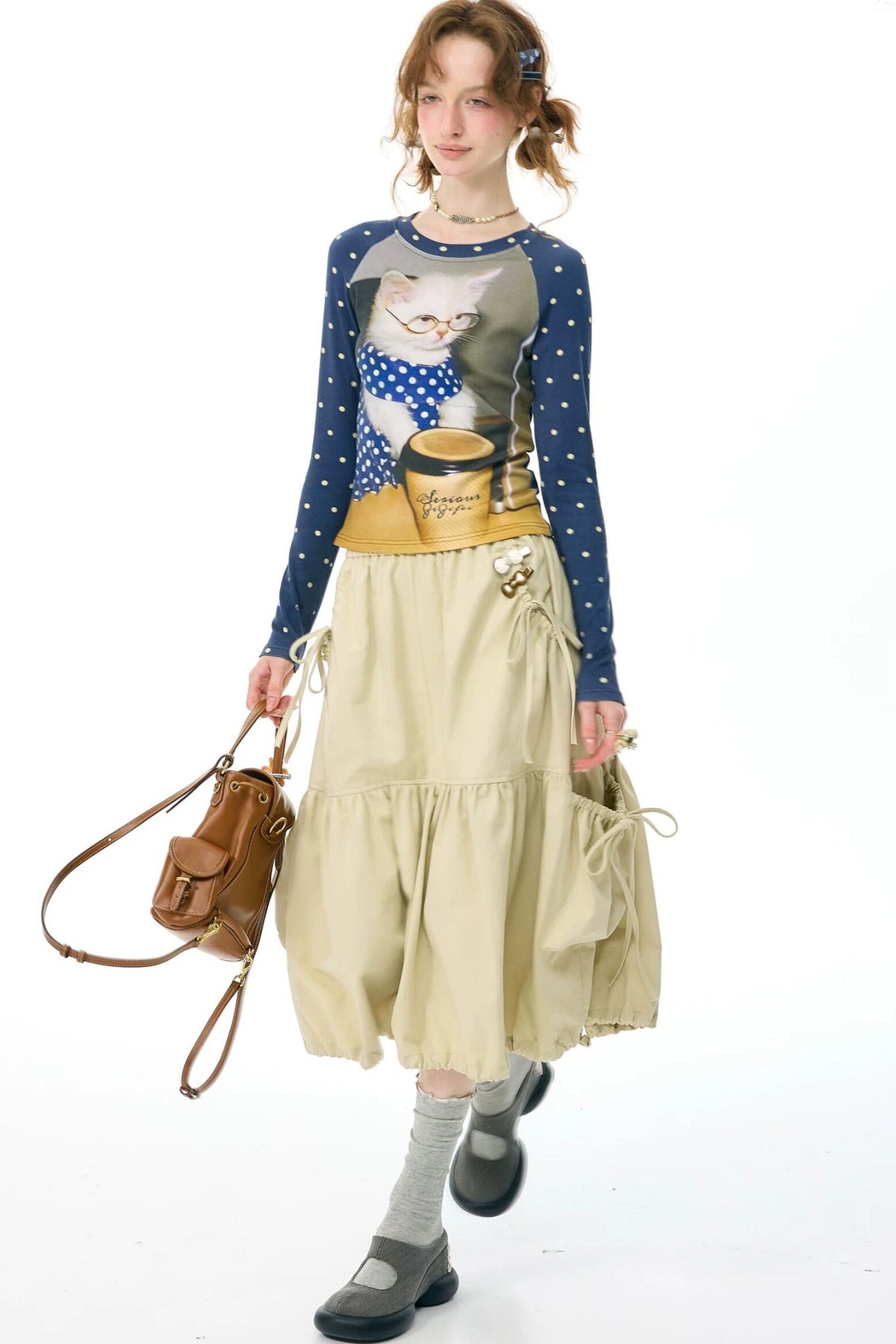 Navy Polka Dot Raglan Cat Print Long Sleeve Top