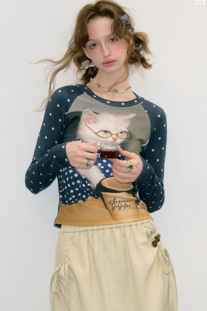 Navy Polka Dot Raglan Cat Print Long Sleeve Top