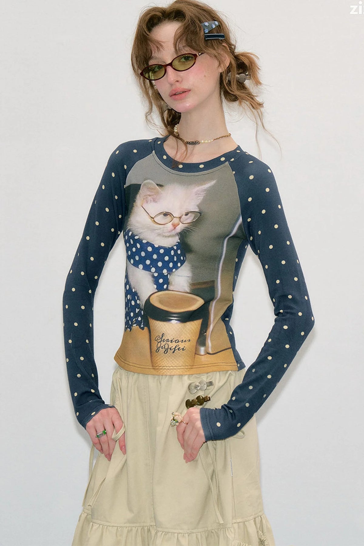 Navy Polka Dot Raglan Cat Print Long Sleeve Top