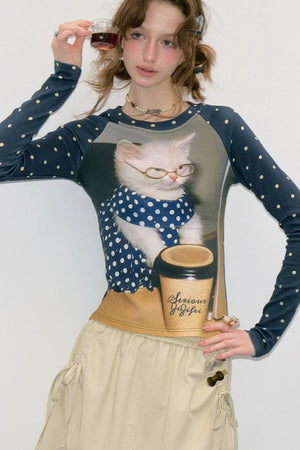 Navy Polka Dot Raglan Cat Print Long Sleeve Top