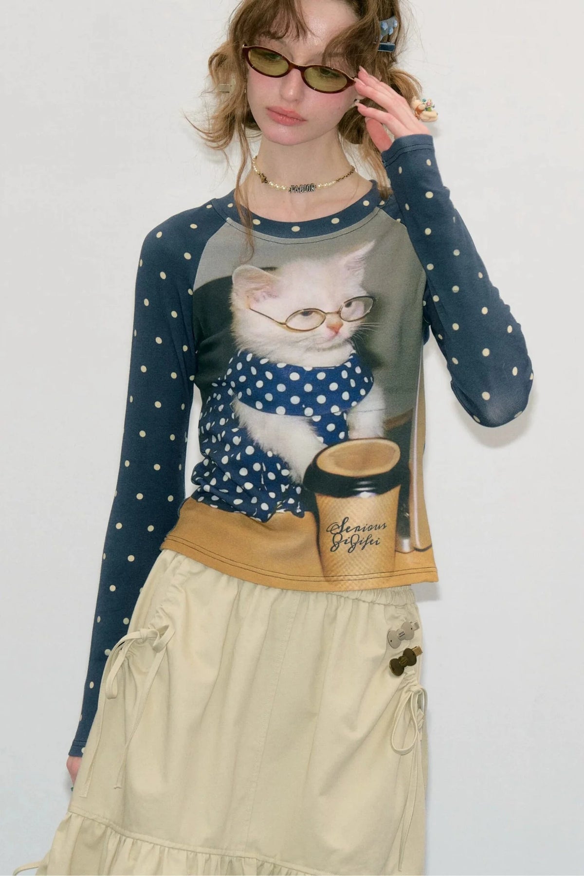 Navy Polka Dot Raglan Cat Print Long Sleeve Top