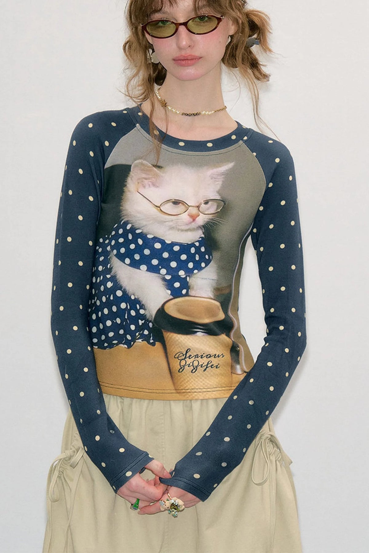 Navy Polka Dot Raglan Cat Print Long Sleeve Top