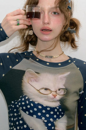 Navy Polka Dot Raglan Cat Print Long Sleeve Top