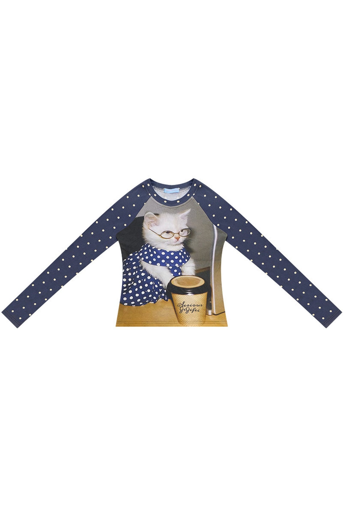 Navy Polka Dot Raglan Cat Print Long Sleeve Top