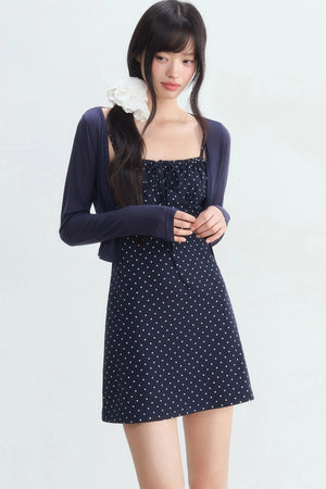 Navy Polka Dot Suspender Dress With Cardigan Set
