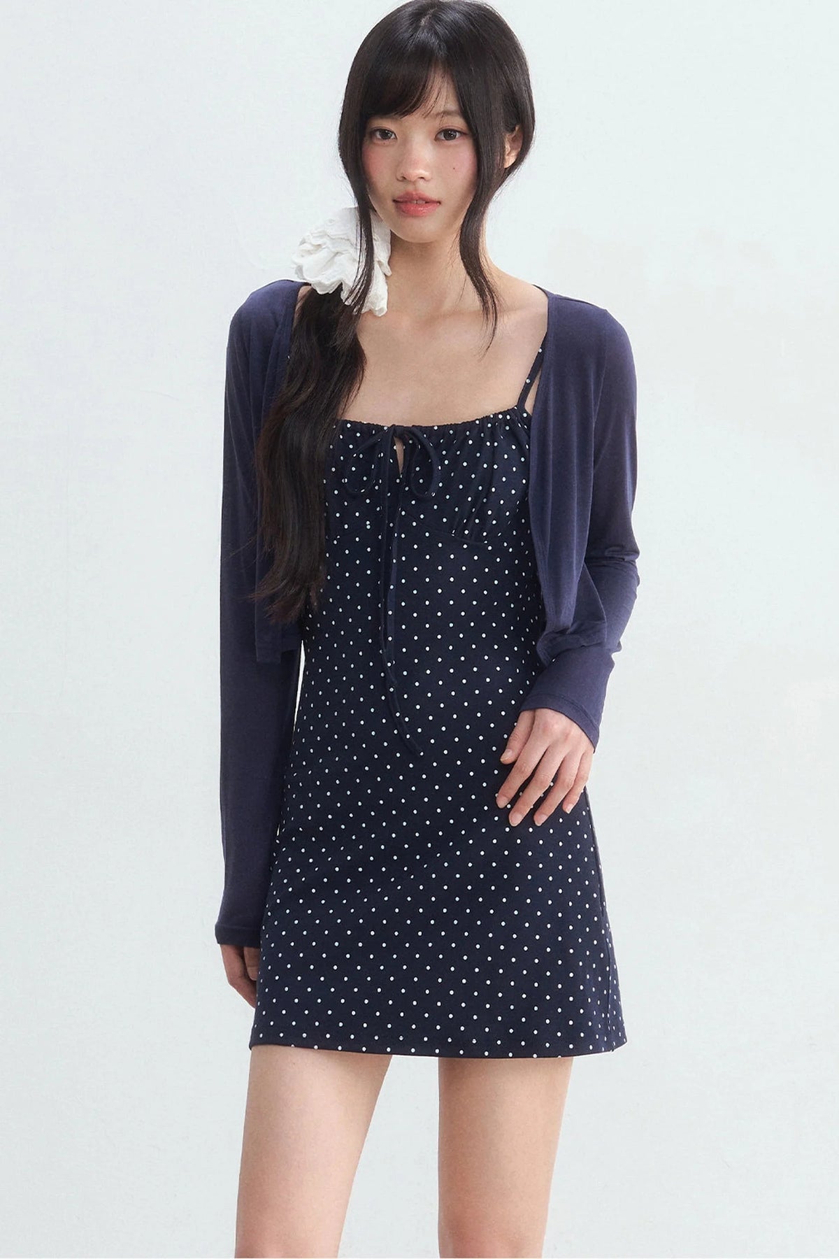 Navy Polka Dot Suspender Dress With Cardigan Set