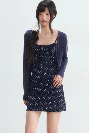 Navy Polka Dot Suspender Dress With Cardigan Set