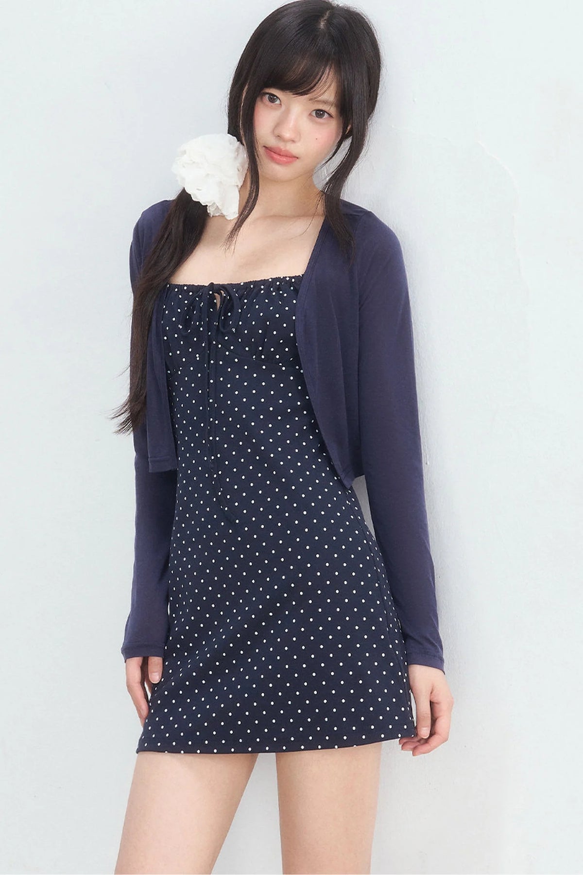 Navy Polka Dot Suspender Dress With Cardigan Set
