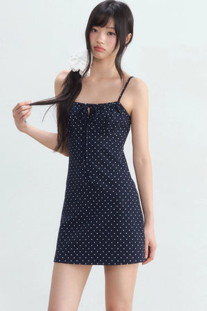 Navy Polka Dot Suspender Dress With Cardigan Set