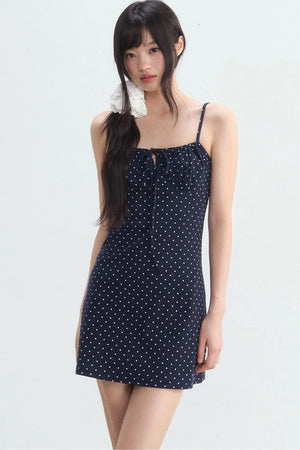 Navy Polka Dot Suspender Dress With Cardigan Set