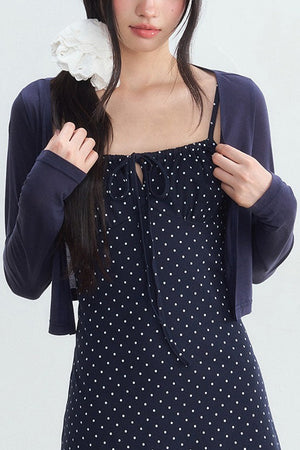 Navy Polka Dot Suspender Dress With Cardigan Set