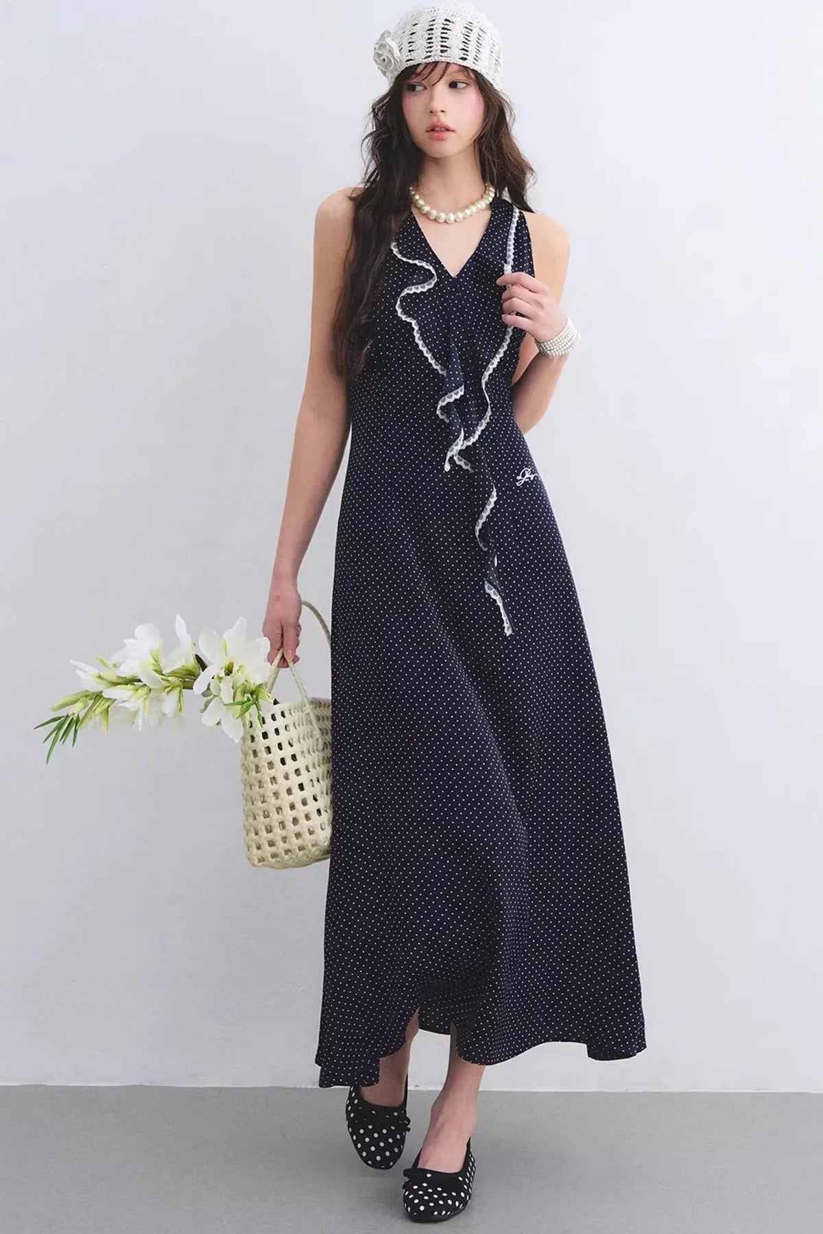 Navy Ruffled Lace Dress