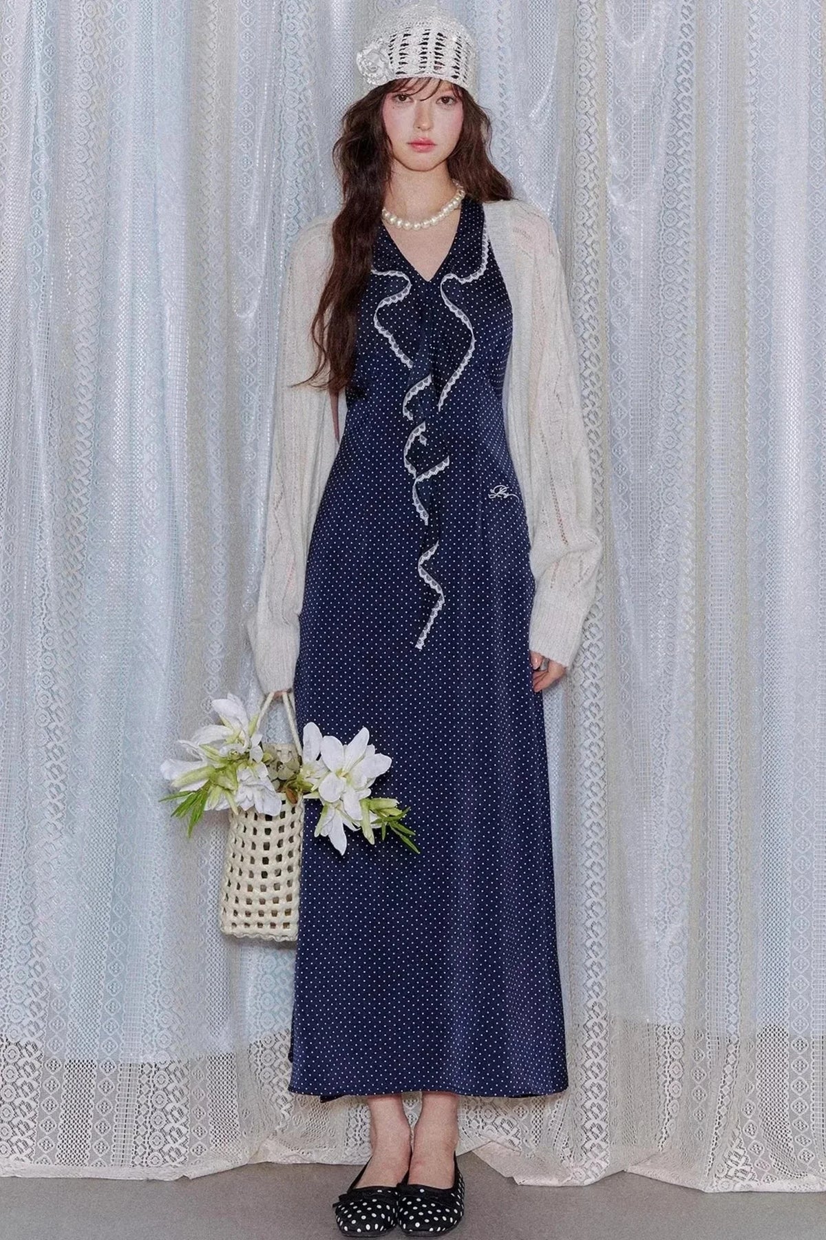 Navy Ruffled Lace Dress
