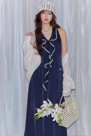 Navy Ruffled Lace Dress