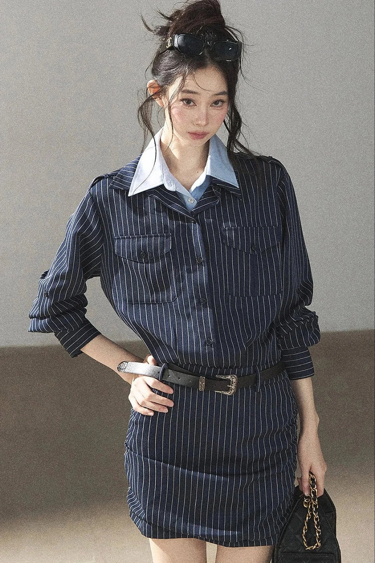 Navy Striped Bodycon Layered-Look Dress Set