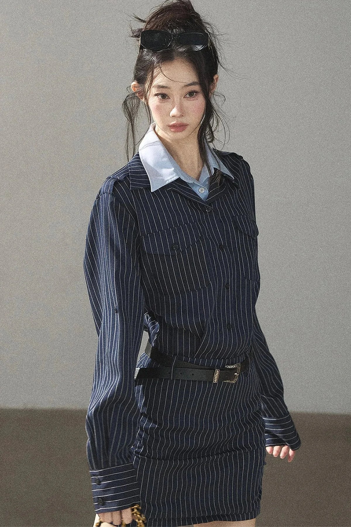 Navy Striped Bodycon Layered-Look Dress Set
