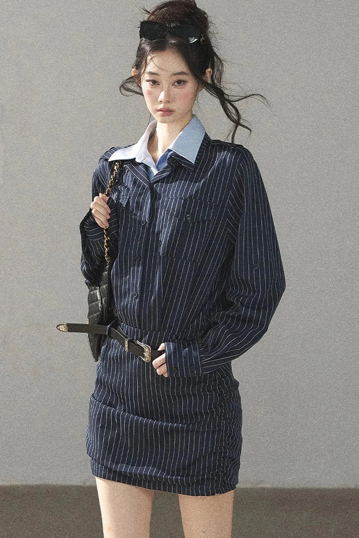 Navy Striped Bodycon Layered-Look Dress Set
