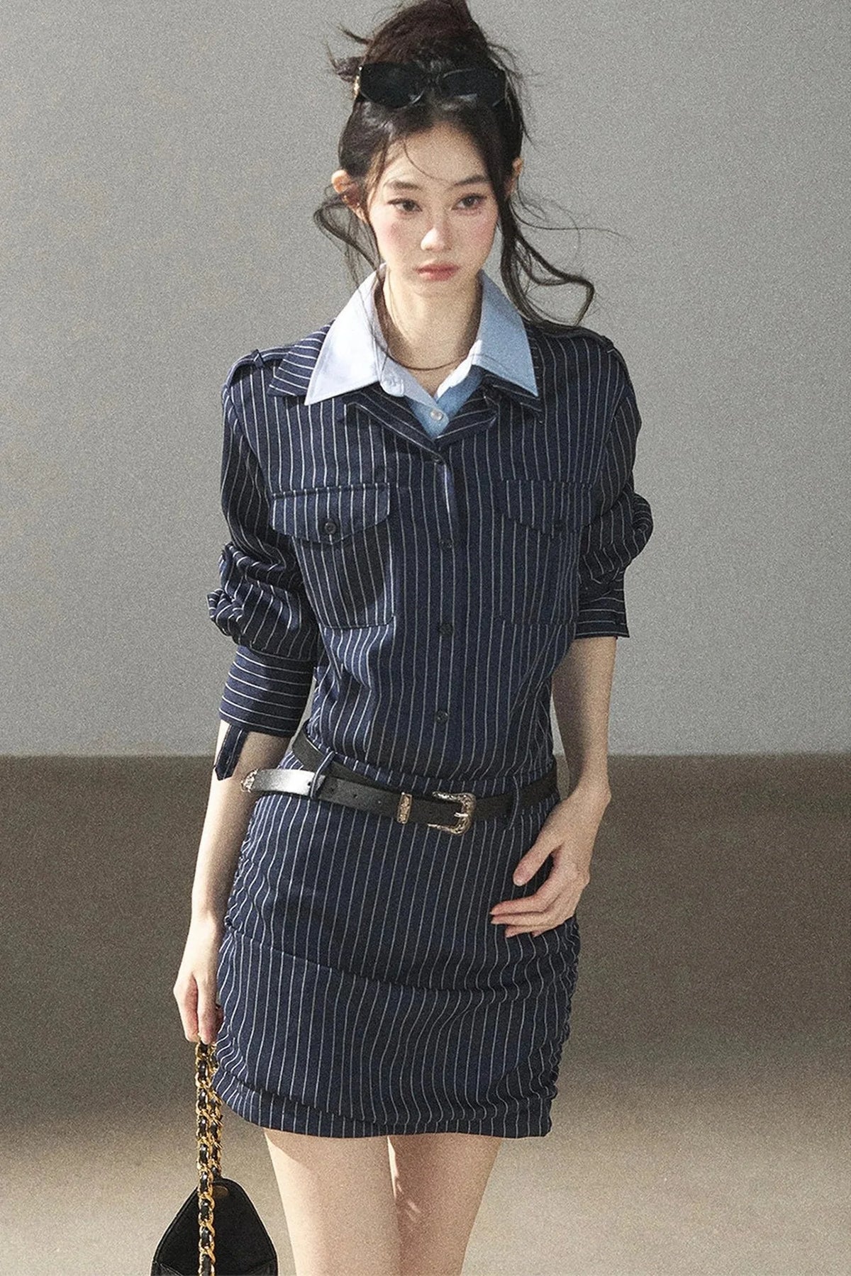 Navy Striped Bodycon Layered-Look Dress Set