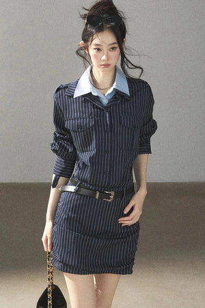 Navy Striped Bodycon Layered-Look Dress Set