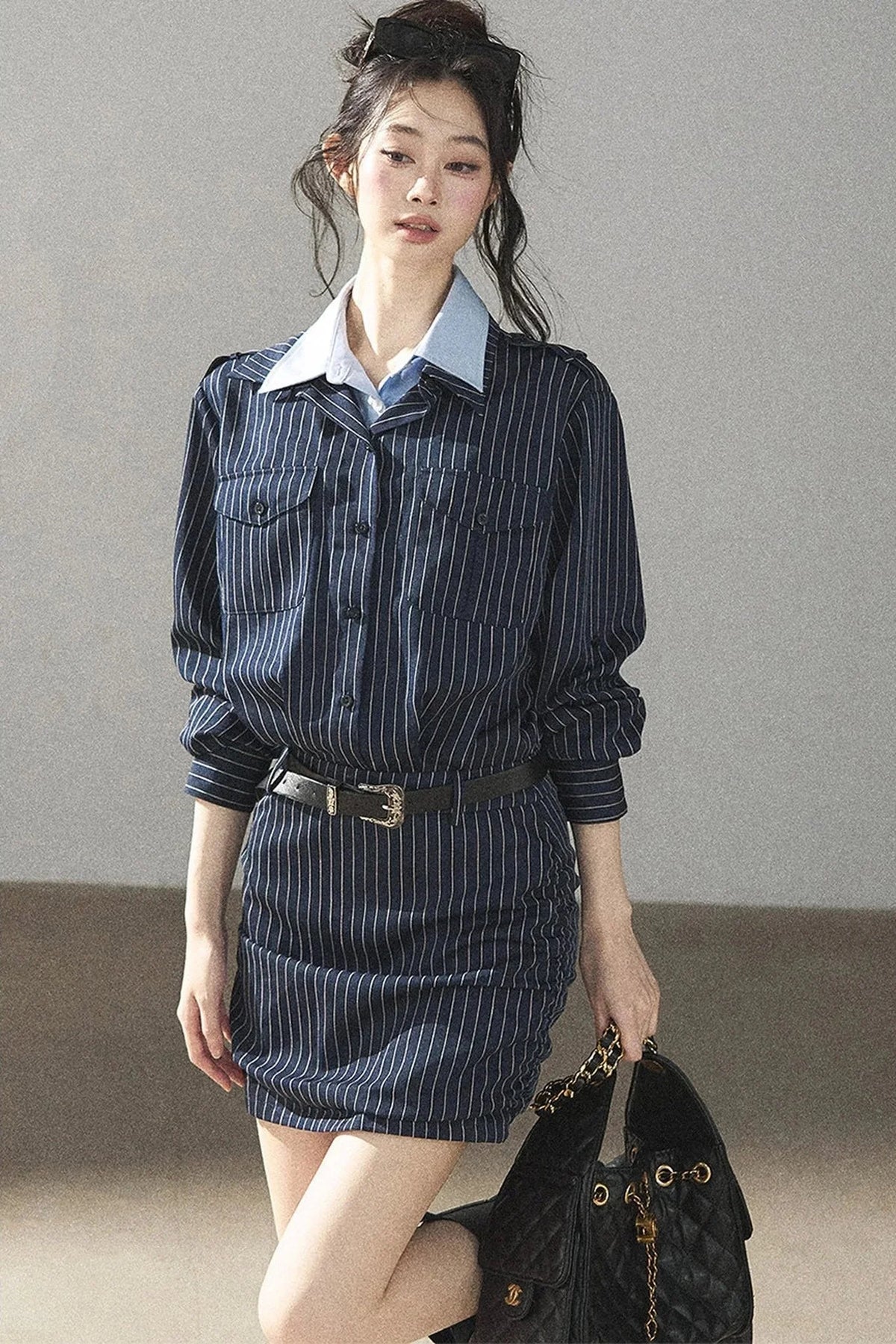 Navy Striped Bodycon Layered-Look Dress Set