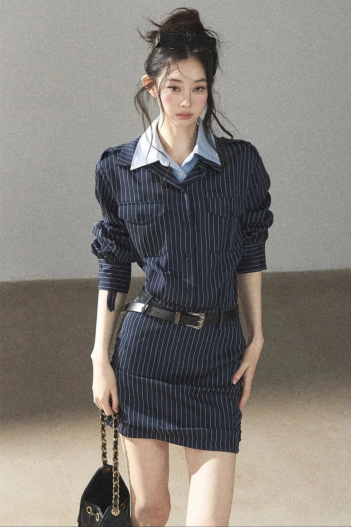 Navy Striped Bodycon Layered-Look Dress Set