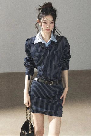Navy Striped Bodycon Layered-Look Dress Set