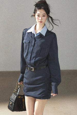 Navy Striped Bodycon Layered-Look Dress Set