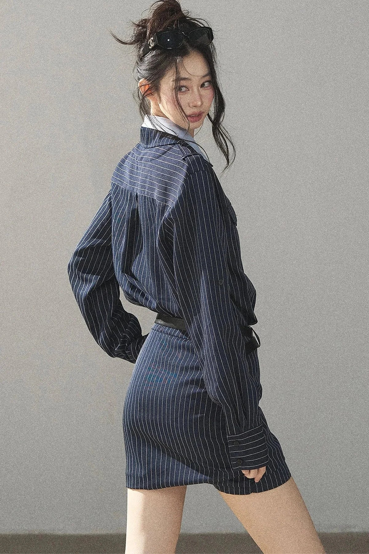 Navy Striped Bodycon Layered-Look Dress Set