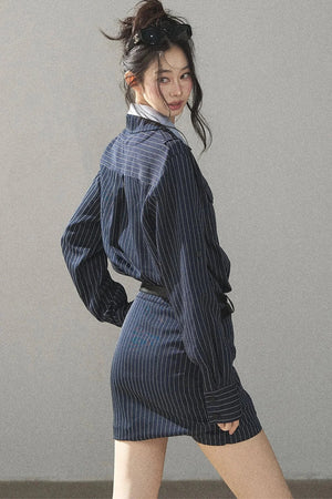 Navy Striped Bodycon Layered-Look Dress Set
