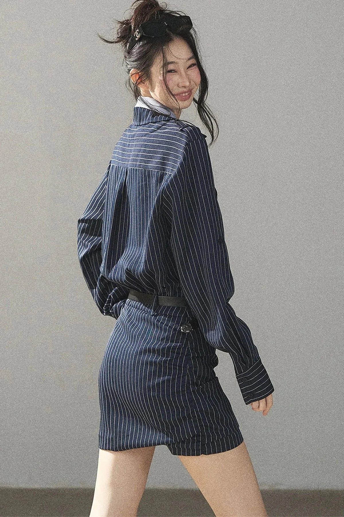 Navy Striped Bodycon Layered-Look Dress Set