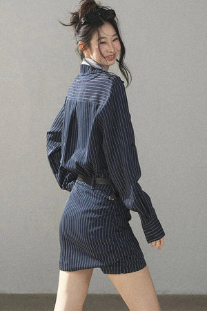 Navy Striped Bodycon Layered-Look Dress Set