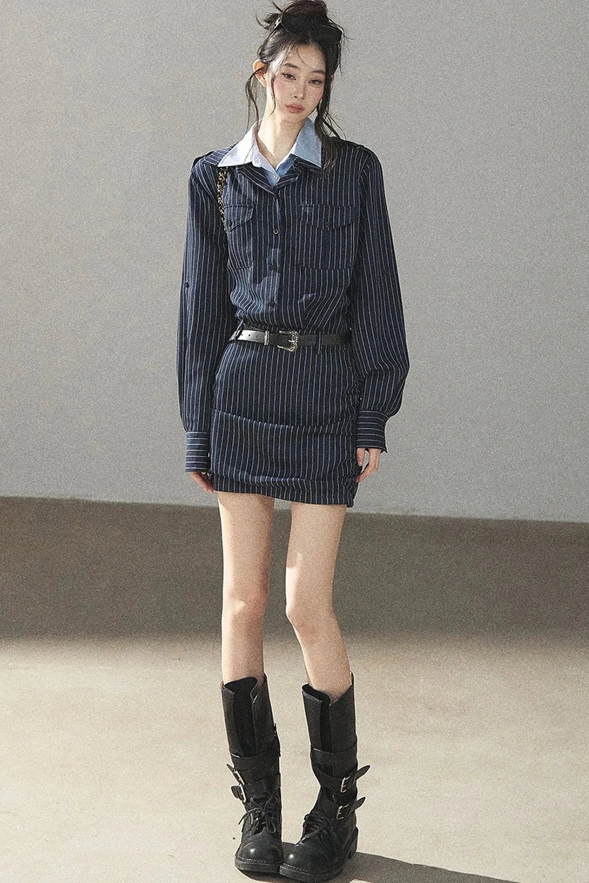 Navy Striped Bodycon Layered-Look Dress Set