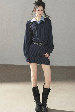 Navy Striped Bodycon Layered-Look Dress Set