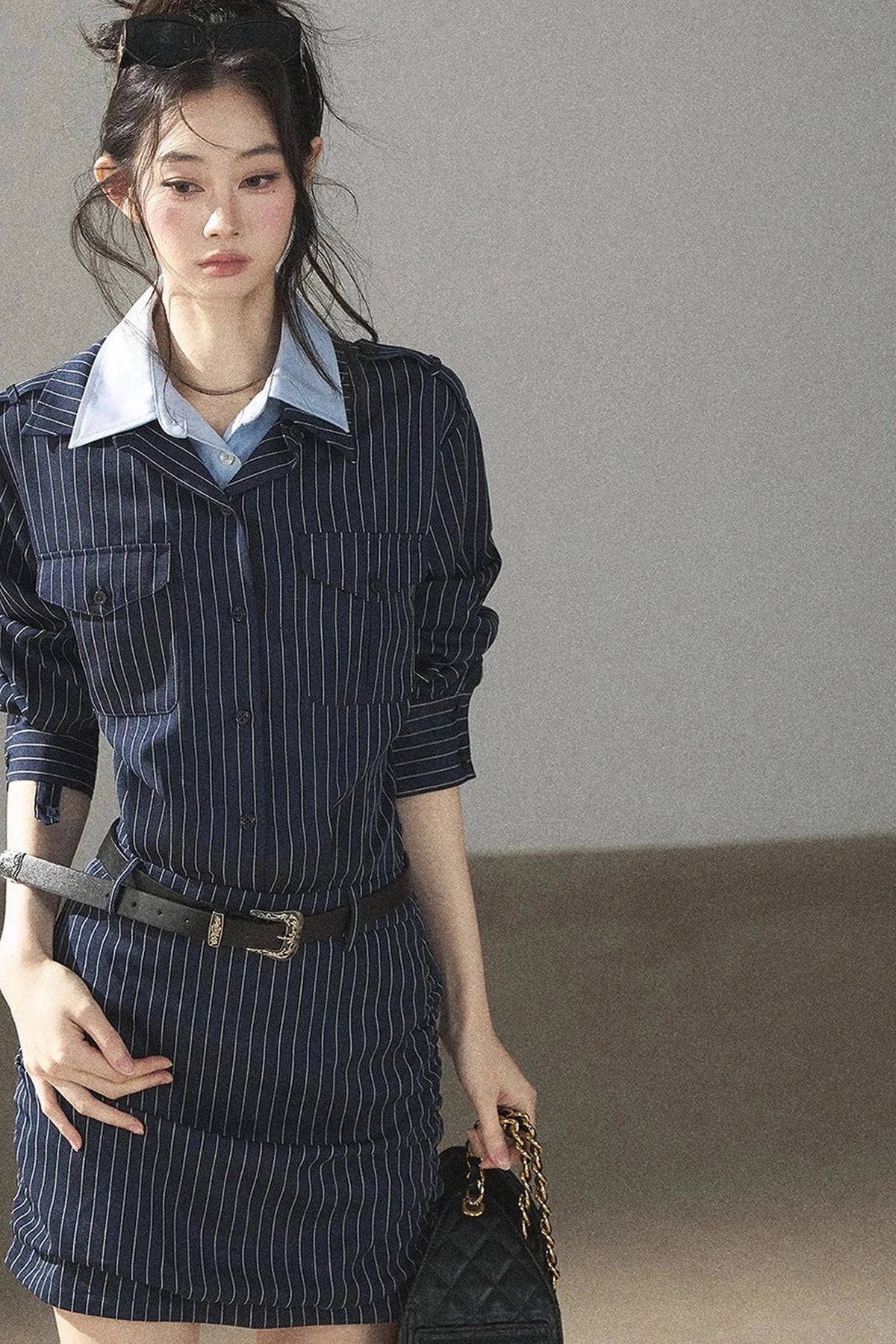 Navy Striped Bodycon Layered-Look Dress Set
