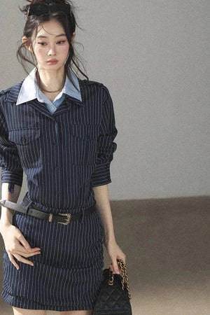 Navy Striped Bodycon Layered-Look Dress Set
