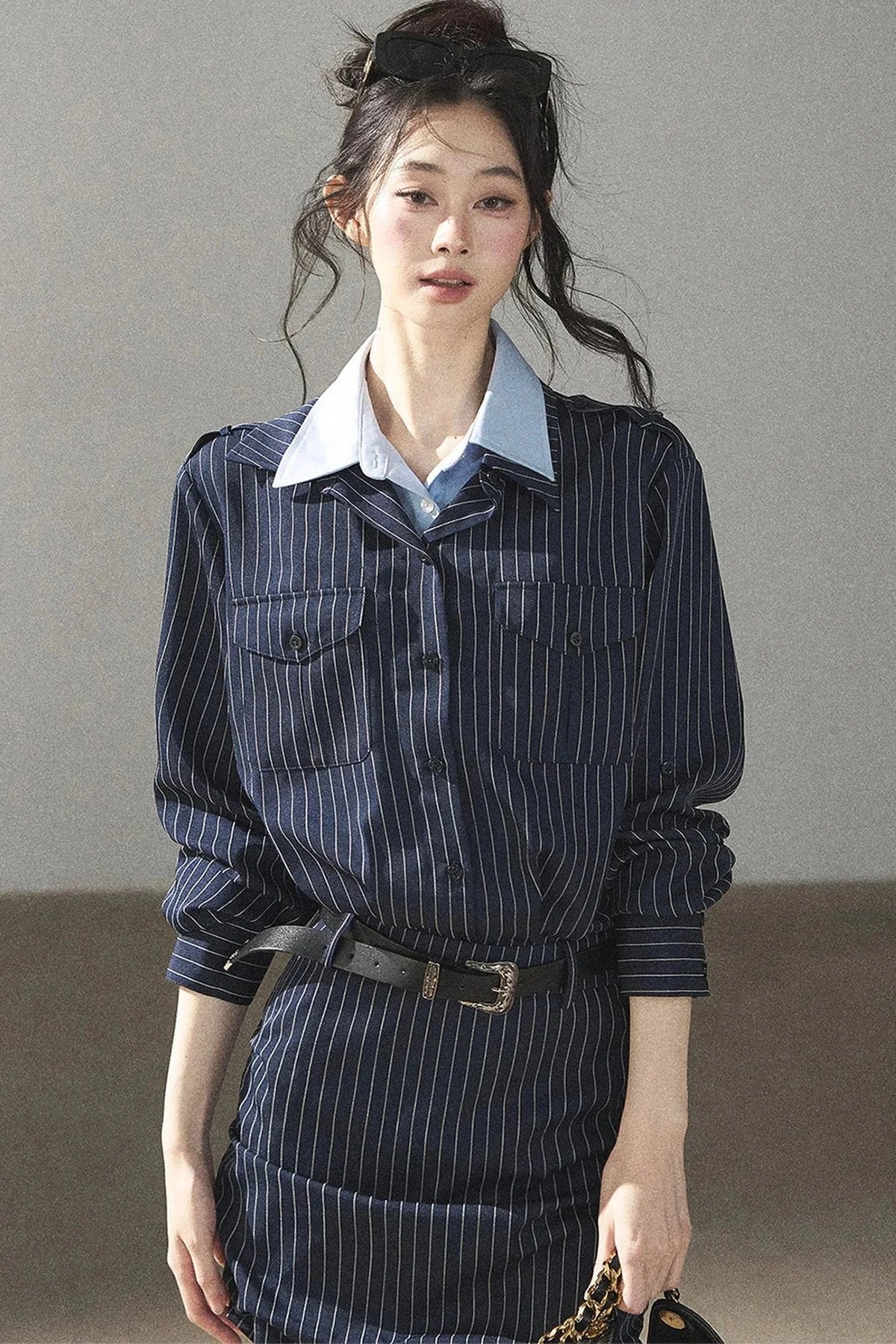 Navy Striped Bodycon Layered-Look Dress Set