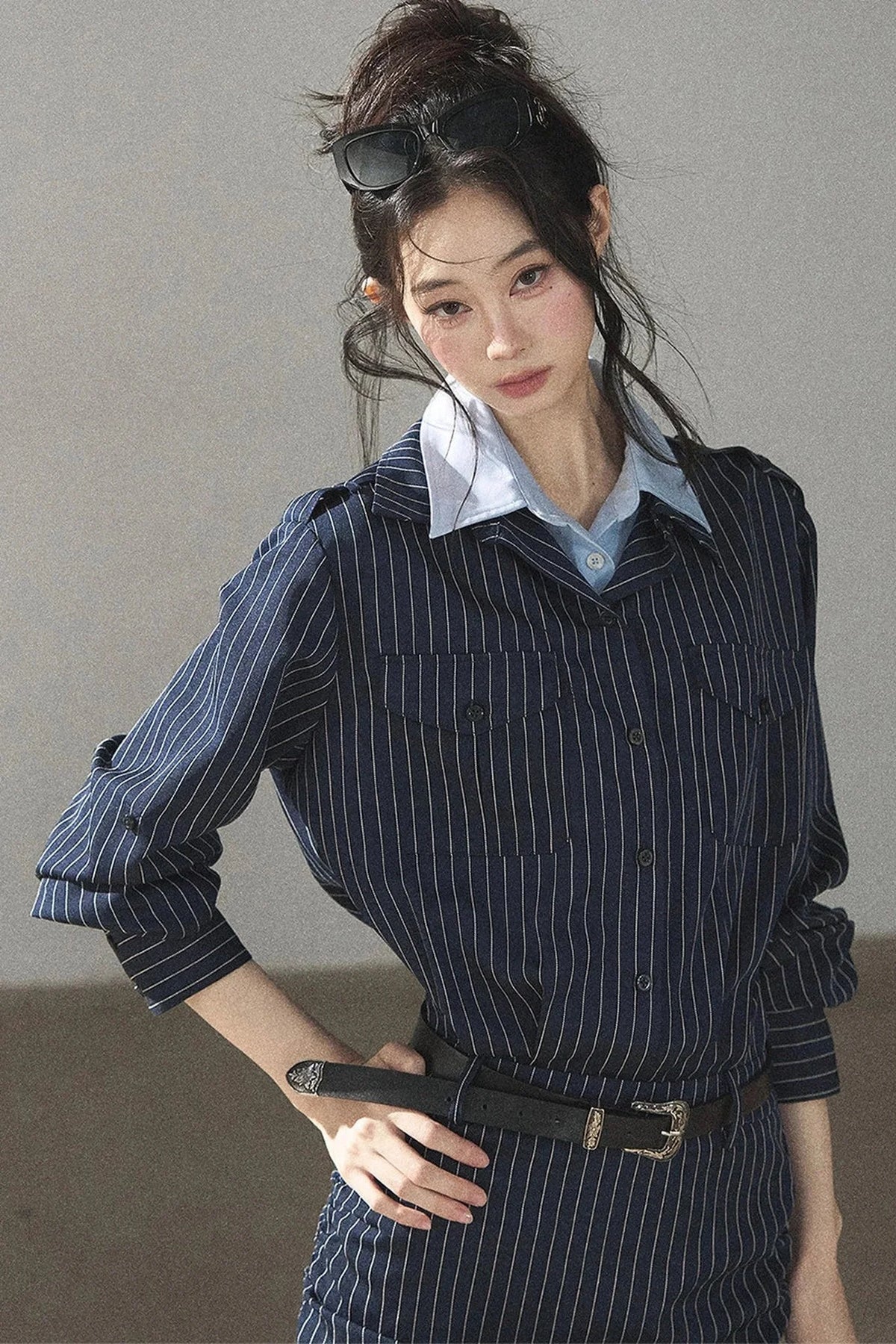 Navy Striped Bodycon Layered-Look Dress Set