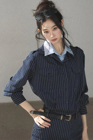 Navy Striped Bodycon Layered-Look Dress Set