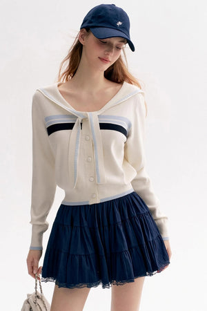 Navy Tie Shawl Contrast Sweater