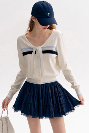 Navy Tie Shawl Contrast Sweater