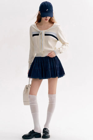 Navy Tie Shawl Contrast Sweater