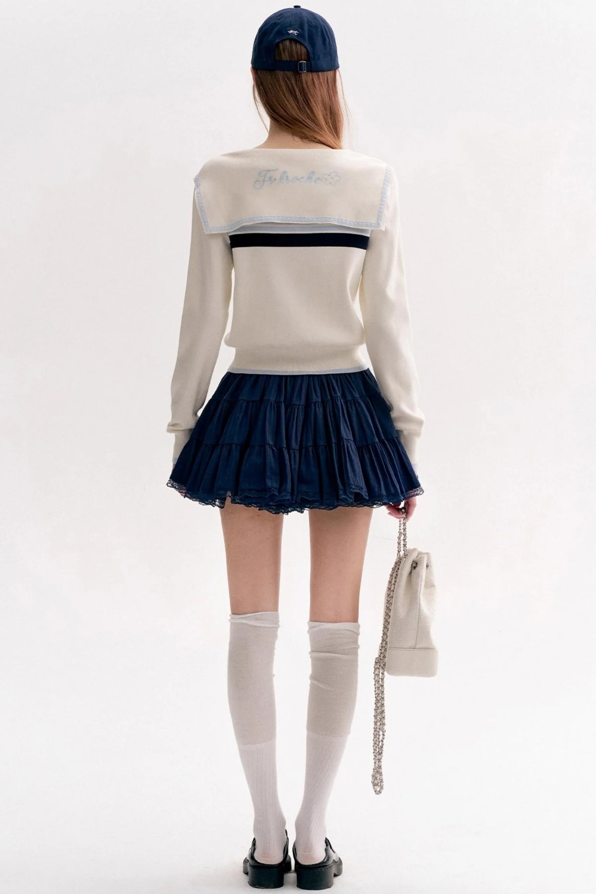 Navy Tie Shawl Contrast Sweater